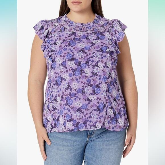 City Chic Tops - City Chic Bella Purple Floral Smocked Ruffle Sleeveless Blouse M / 18